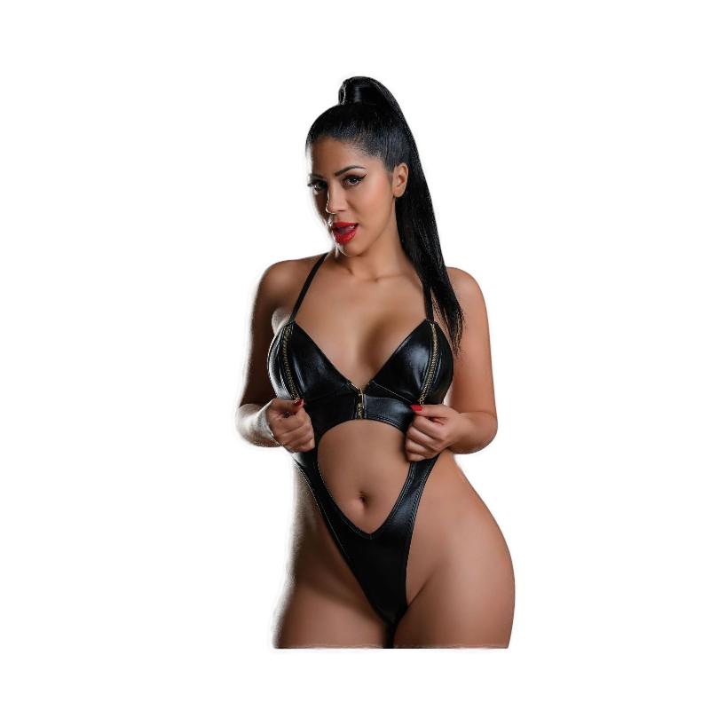 Seksowne czarne body wetlook z zamkiem