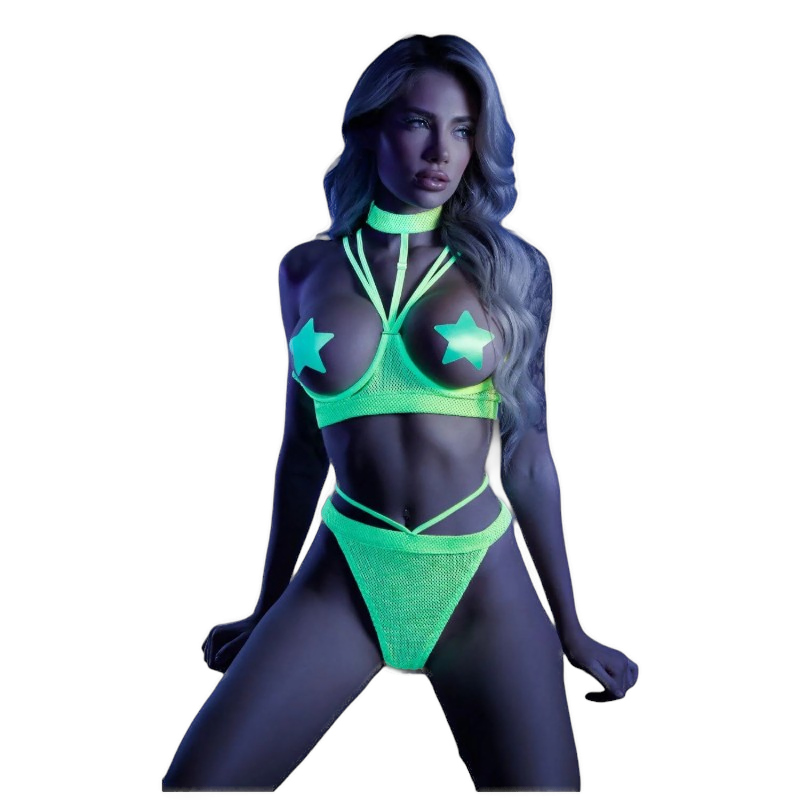 Prowokujący neonowy set z otwartym biustonoszem